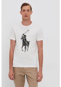 Polo Ralph Lauren T-shirt bawełniany kolor kremowy z nadrukiem. Okazja: na co dzień. Typ kołnierza: polo. Kolor: beżowy. Materiał: bawełna. Wzór: nadruk. Styl: casual
