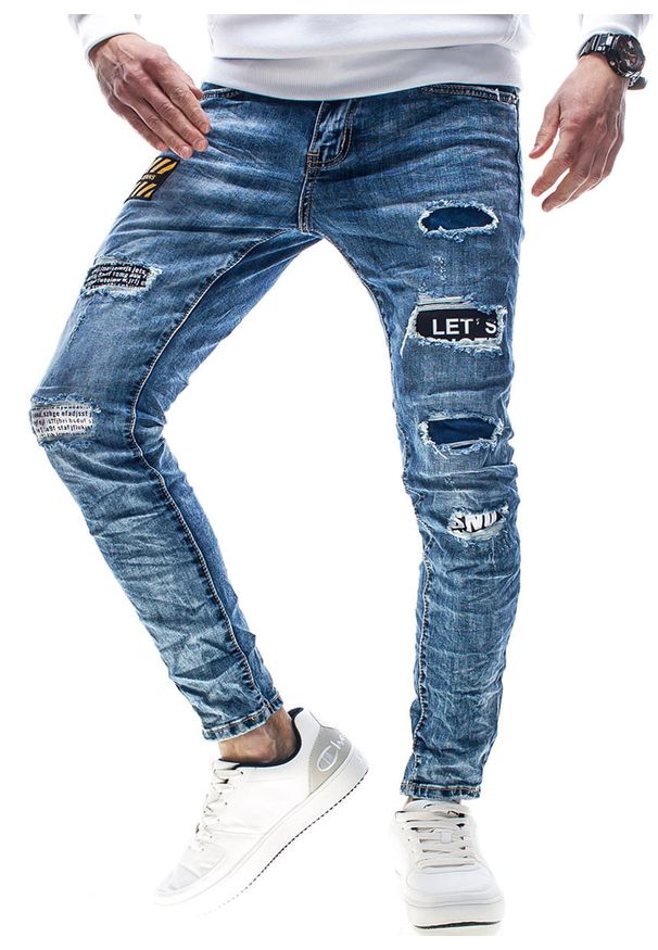 Spodnie jeansowe slim męskie granatowe Recea. Kolor: niebieski. Materiał: jeans. Wzór: aplikacja. Styl: elegancki