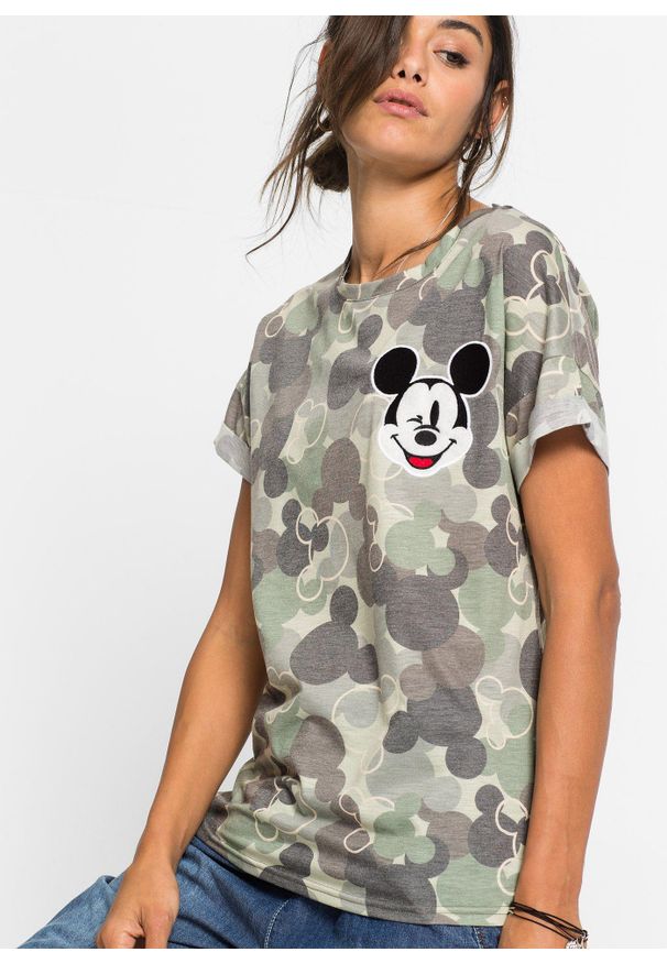 bonprix - Shirt w deseń moro i z motywem Myszki Miki. Kolor: zielony. Długość rękawa: krótki rękaw. Długość: krótkie. Wzór: moro