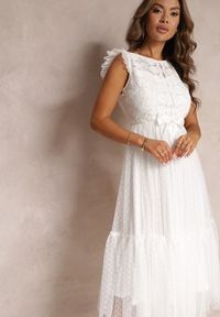 Renee - Biała Taliowana Sukienka z Tiulową Spódnicą i Górą z Koronki Darela. Kolor: biały. Materiał: tiul, koronka. Wzór: koronka #2