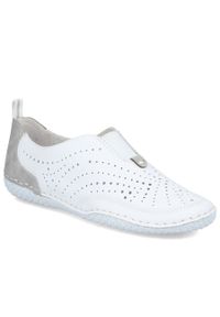 Skórzane półbuty damskie ażurowe wsuwane białe Rieker 43663-80. Zapięcie: bez zapięcia. Kolor: biały. Materiał: skóra. Wzór: ażurowy #1