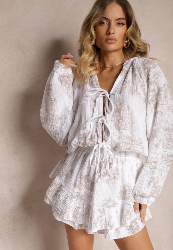 Renee - Beżowy Muślinowy Kombinezon z Bawełny z Ozdobnym Wiązaniem Vimariana. Kolor: beżowy. Materiał: bawełna. Styl: elegancki