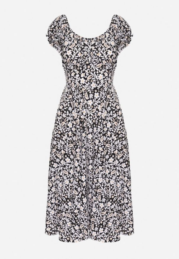 Born2be - Czarna Sukienka Rozkloszowana w Kwiaty z Bawełną i Bufkami Sanirla. Kolor: czarny. Materiał: bawełna. Wzór: kwiaty. Typ sukienki: rozkloszowane