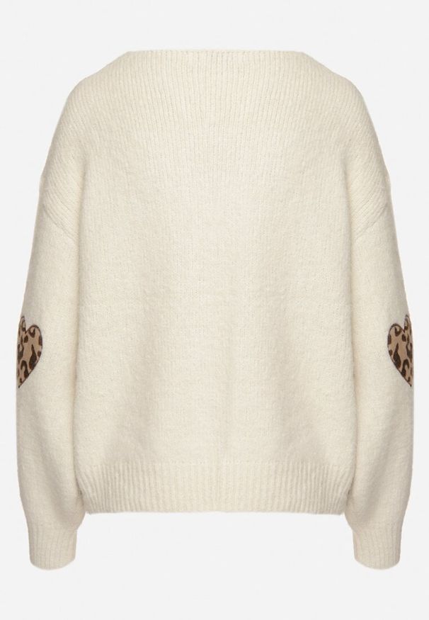 Born2be - Jasnobeżowy Sweter z Wełną i Ozdobnymi Naszywkami na Łokciach Norethra. Typ kołnierza: dekolt w serek. Kolor: beżowy. Materiał: wełna. Długość rękawa: długi rękaw. Długość: długie. Wzór: aplikacja. Sezon: zima, jesień. Styl: elegancki