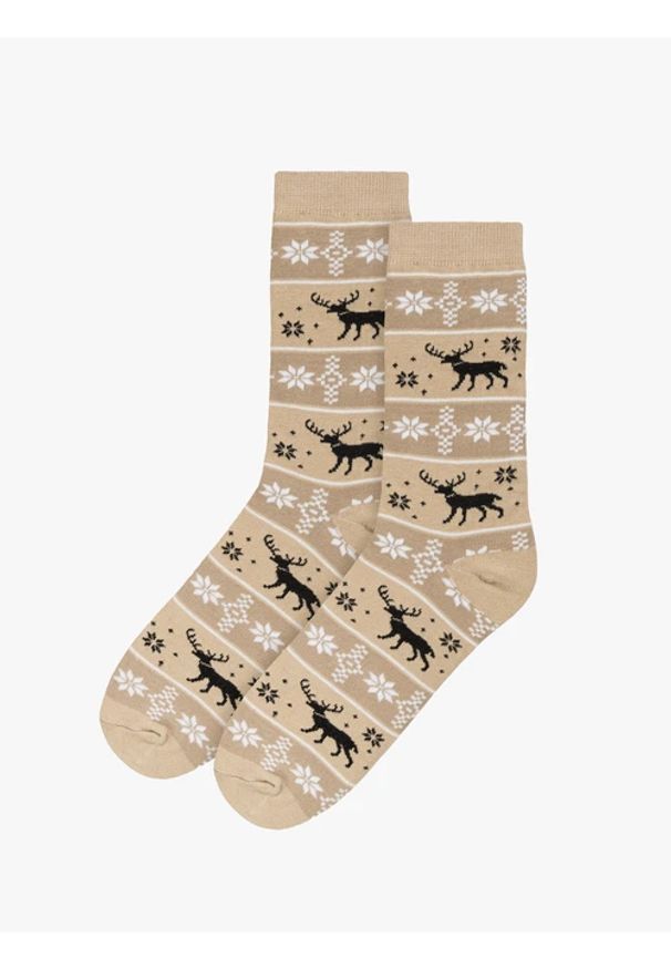 Ryłko - Beżowo-brązowe skarpetki świąteczne unisex w renifery. Kolor: beżowy. Materiał: tkanina. Wzór: aplikacja