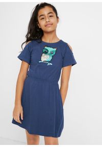 Sukienka dziewczęca z wycięciami na ramionach i obracanymi cekinami, bawełna organiczna bonprix kobaltowy. Kolor: niebieski. Materiał: bawełna. Wzór: aplikacja #5