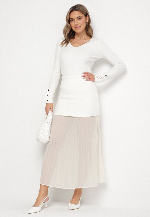 Born2be - Jasnobeżowa Wiskozowa Spódnica Tiulowa z Plisami i Podszewką Avelora. Okazja: na co dzień. Kolor: beżowy. Materiał: tiul, wiskoza. Styl: klasyczny, casual, elegancki