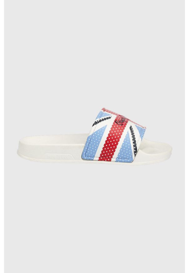 Pepe Jeans klapki dziecięce kolor biały. Kolor: biały. Materiał: guma, materiał. Obcas: na obcasie. Wysokość obcasa: niski