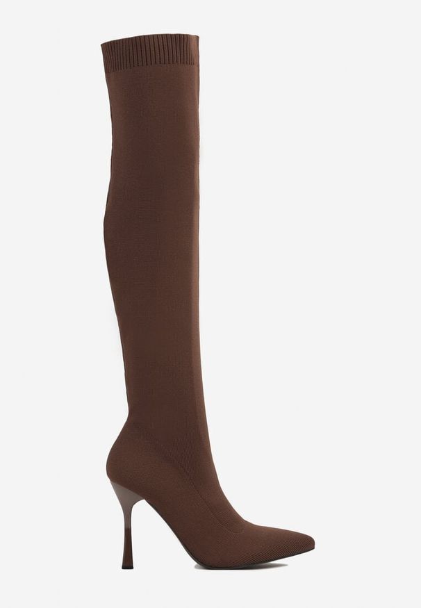 Born2be - Brązowe Kozaki Vices na Szpilce ze Skarpetową Cholewką Nuira. Okazja: na co dzień. Kolor: brązowy. Materiał: jeans. Szerokość cholewki: normalna. Obcas: na szpilce. Styl: elegancki, casual. Wysokość obcasa: średni