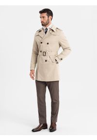 Ombre Clothing - Elegancki męski płaszcz trencz SLIM FIT z paskiem – beżowy V1. Kolor: beżowy. Materiał: tkanina, poliester, materiał. Wzór: gładki. Styl: elegancki #5