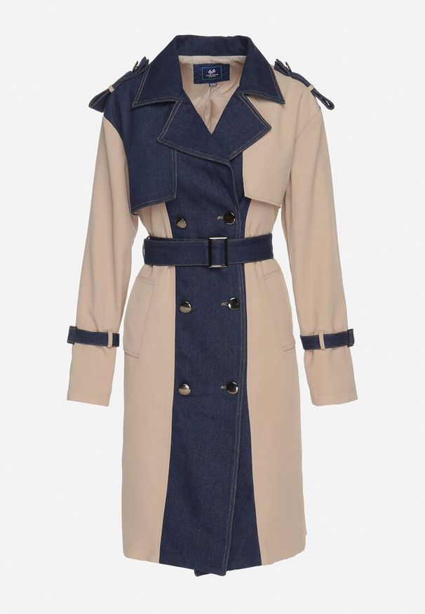 Born2be - Niebieski Płaszcz Trencz z Bawełną Ozdobiony Jeansowymi Wstawkami Tirsedi. Okazja: na co dzień, na spotkanie biznesowe. Kolor: niebieski. Materiał: bawełna, jeans. Wzór: aplikacja. Styl: casual, biznesowy, elegancki