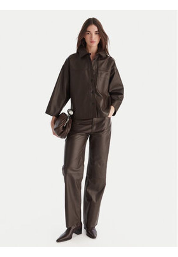 ViCOLO Spodnie skórzane TF0318 Brązowy Regular Fit. Kolor: brązowy. Materiał: skóra