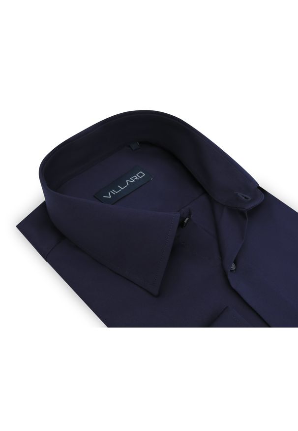 Mmer / Villaro - Koszule męskie - Granatowa gładka koszula męska 011G. Kolor: niebieski. Materiał: tkanina, bawełna, elastan. Długość: długie. Wzór: gładki. Styl: elegancki