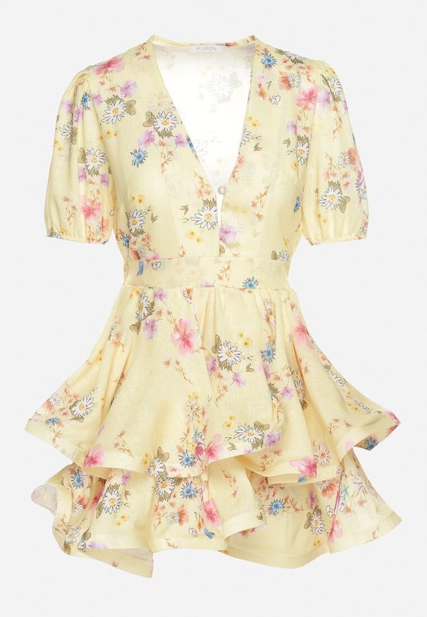 Born2be - Żółta Bawełniana Sukienka w Kwiaty o Rozkloszowanym Kroju z Falbankami Norittia. Okazja: na co dzień. Typ kołnierza: kołnierz z falbankami. Kolor: żółty. Materiał: bawełna. Długość rękawa: krótki rękaw. Wzór: kwiaty. Styl: casual, elegancki