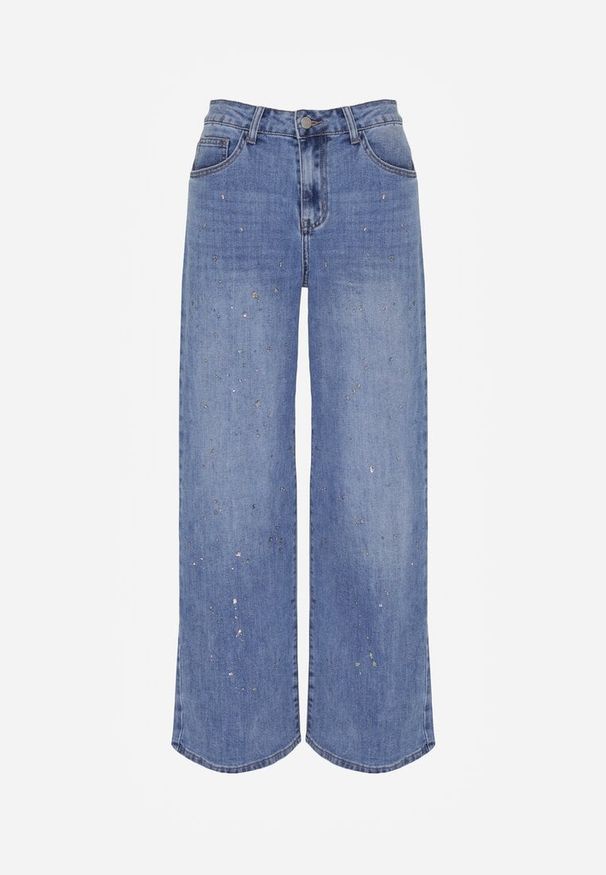 Born2be - Niebieskie Szerokie Jeansy z Wysokim Stanem i Błyszczącymi Aplikacjami Glysera. Stan: podwyższony. Kolor: niebieski. Wzór: aplikacja. Styl: elegancki, klasyczny