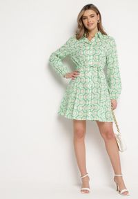 Born2be - Zielono-Beżowa Bawełniana Sukienka Mini w Geometryczny Wzór Frenia. Kolor: zielony. Materiał: bawełna. Długość rękawa: długi rękaw. Wzór: geometria. Typ sukienki: rozkloszowane, koszulowe. Styl: elegancki. Długość: mini #4