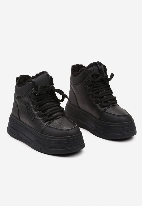 Born2be - Czarne Sneakersy na Platformie Ocieplane Futrem Leanelitia. Okazja: na co dzień. Kolor: czarny. Materiał: futro. Obcas: na platformie