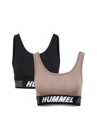 Damskie biustonosze sportowe Hummel TE Maja (x2). Kolor: czarny, różowy, wielokolorowy. Materiał: bawełna, jersey. Wzór: jodełka, nadruk. Sport: fitness