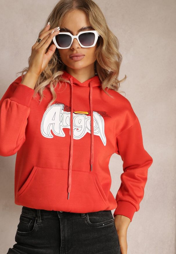Renee - Pomarańczowa Ocieplona Bluza Kangurka z Nadrukiem Pralle. Okazja: na co dzień. Typ kołnierza: kaptur. Kolor: pomarańczowy. Wzór: nadruk. Styl: casual
