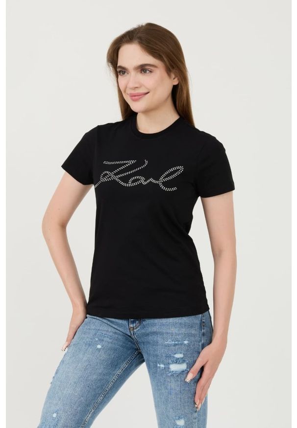 Karl Lagerfeld - KARL LAGERFELD Czarny damski t-shirt Rhinestone Logo, Rozmiar XS. Kolor: czarny