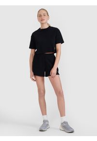 4f - 4F T-shirt crop top z waflowej dzianiny damski - czarny L. Okazja: na co dzień. Kolor: czarny. Materiał: dzianina. Długość rękawa: krótki rękaw. Długość: krótkie. Wzór: kratka, haft. Styl: sportowy, casual