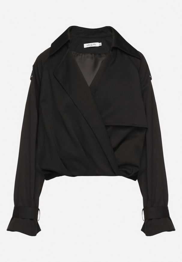 Born2be - Czarna Krótka Kurtka z Zakładką i Kołnierzykiem w Stylu Trencza Exlla. Okazja: na co dzień. Kolor: czarny. Materiał: jeans. Długość rękawa: długi rękaw. Długość: krótkie. Styl: casual, elegancki