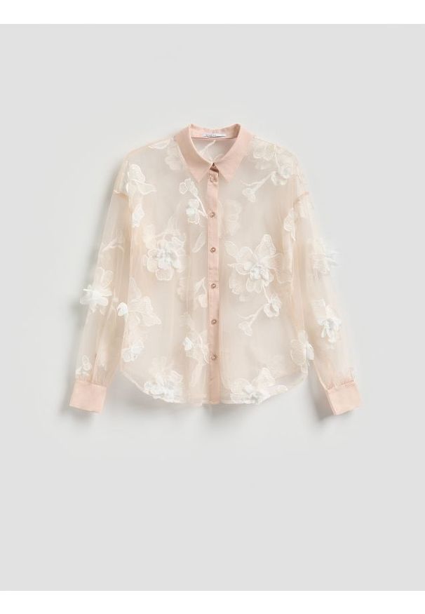 Reserved - Transparentna koszula z aplikacjami - pastelowy róż. Kolor: różowy. Materiał: dzianina. Wzór: aplikacja