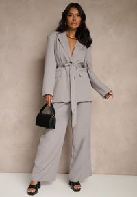 Renee - Szare Szerokie Spodnie High Waist o Garniturowym Kroju z Zakładkami Uliadorea. Okazja: na co dzień. Stan: podwyższony. Kolor: szary. Styl: klasyczny, elegancki, casual