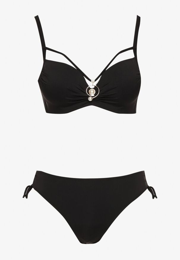 Born2be - Czarne Bikini Biustonosz z Aplikacją i Majtki Figi ze Ściągaczami Ulosella. Kolor: czarny. Wzór: aplikacja