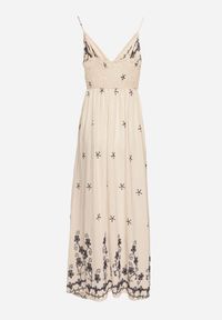 Born2be - Jasnobeżowa Sukienka z Wiskozy Ozdobiona Haftami Lunireia. Okazja: na co dzień. Typ kołnierza: dekolt w kształcie V. Kolor: beżowy. Materiał: wiskoza. Długość rękawa: na ramiączkach. Wzór: aplikacja, haft. Typ sukienki: proste. Styl: casual #2