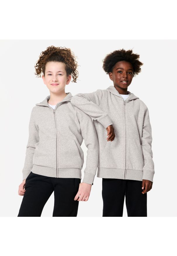 DOMYOS - Bluza dziecięca Domyos rozpinana. Typ kołnierza: kaptur. Kolor: szary. Materiał: bawełna, włókno. Sport: joga i pilates