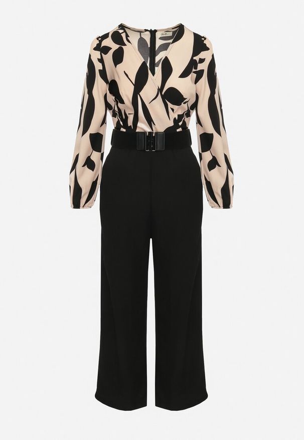 Born2be - Czarno-Różowy Elegancki Kombinezon ze Wzorzystą Górą Szerokimi Nogawkami i Paskiem Grepia. Okazja: na co dzień. Kolor: czarny. Styl: elegancki