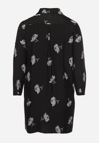 Born2be - Czarna Koszulowa Sukienka z Guzikami i Regulowanymi Rękawami Xatella. Kolekcja: plus size. Kolor: czarny. Wzór: kwiaty. Typ sukienki: koszulowe #5