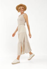 Volcano - Długa spódnica z rozcięciem G-FLAVIA. Kolor: beżowy. Materiał: skóra, koronka, wiskoza, materiał. Długość: długie. Wzór: koronka, aplikacja. Sezon: lato #1