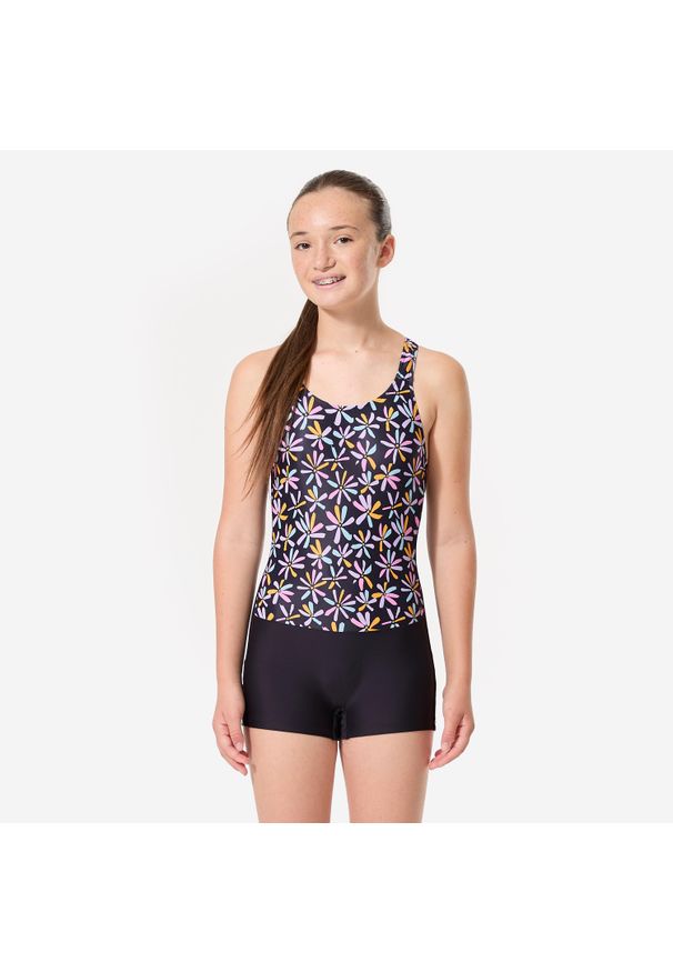 Strój jednoczęściowy pływacki dla dzieci Decathlon Vega z szortami. Kolor: czarny. Materiał: poliester, elastan, poliamid, materiał