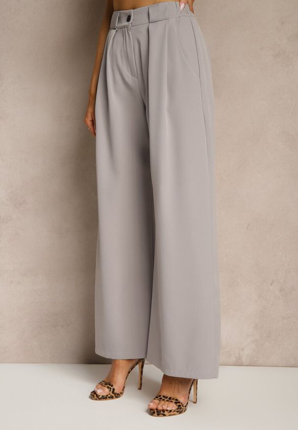 Renee - Szare Szerokie Spodnie High Waist o Garniturowym Kroju z Zakładkami Uliadorea. Okazja: na co dzień. Stan: podwyższony. Kolor: szary. Styl: klasyczny, elegancki, casual