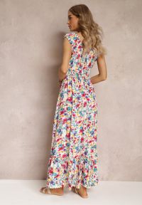 Renee - Biało-Czerwona Rozkloszowana Sukienka Maxi w Kwiaty z Gumką w Talii i przy Dekolcie Eirerene. Kolor: biały. Materiał: tkanina. Długość rękawa: bez rękawów. Wzór: kwiaty. Długość: maxi