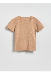 Reserved - Wzorzysty t-shirt - beżowy. Kolor: beżowy. Materiał: bawełna