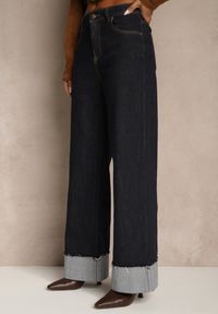 Renee - Granatowe Jeansy Wide Leg z Ozdobnie Podwiniętymi Nogawkami Zenesea. Okazja: na spotkanie biznesowe, na co dzień. Stan: podwyższony. Kolor: niebieski. Styl: elegancki, casual, biznesowy #5