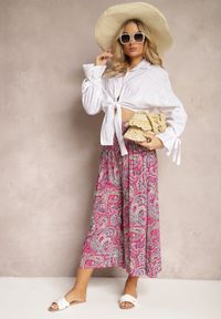 Renee - Fuksjowe Spodnie Culottes z Bawełnianej Tkaniny Ozdobione Wzorem Paisley Gwinamas. Okazja: do pracy. Kolor: różowy. Materiał: bawełna, tkanina. Wzór: paisley, aplikacja #7
