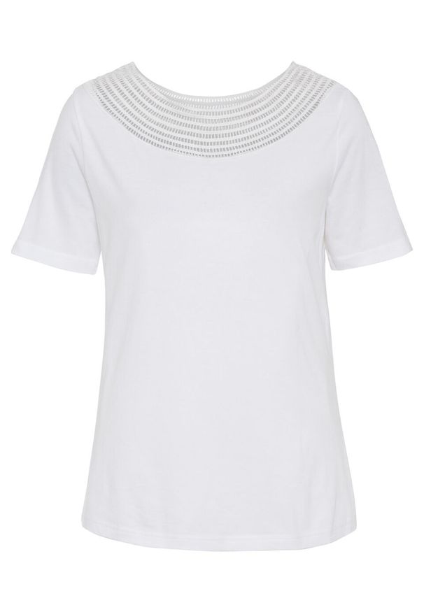 Shirt z ozdobnym dekoltem bonprix biały. Kolor: biały. Materiał: koronka. Długość rękawa: krótki rękaw. Długość: krótkie