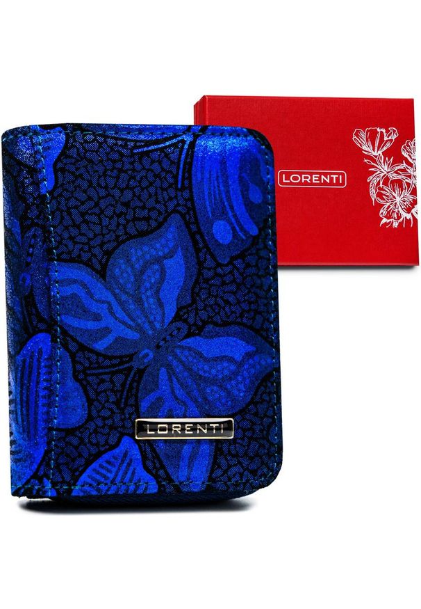 LORENTI - Portfel skórzany Lorenti granatowy motyle 5157-ONBF. Kolor: niebieski. Materiał: skóra. Wzór: aplikacja