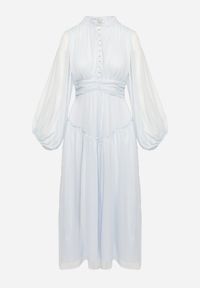 Born2be - Jasnoniebieska Długa Sukienka Koktajlowa w Stylu Retro z Plisami i Stójką Leowia. Typ kołnierza: kołnierzyk stójkowy. Kolor: niebieski. Styl: wizytowy, retro. Długość: maxi #6