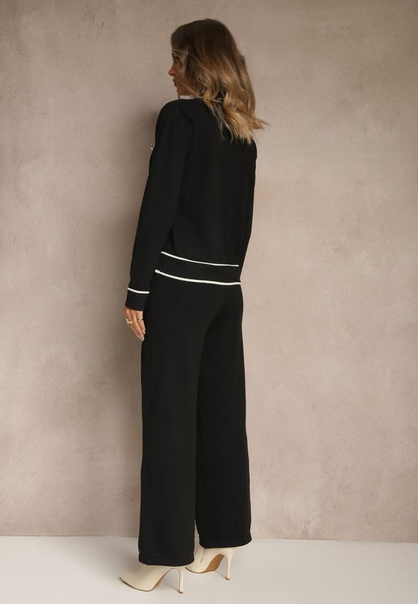 Renee - Czarny Komplet z Dzianiny Spodnie Wide Leg i Retro Kardigan Giosila. Kolekcja: plus size. Kolor: czarny. Materiał: dzianina