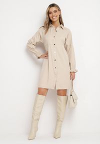 Born2be - Beżowa Luźna Sukienka Koszulowa Momessa. Kolor: beżowy. Typ sukienki: koszulowe. Długość: mini #2