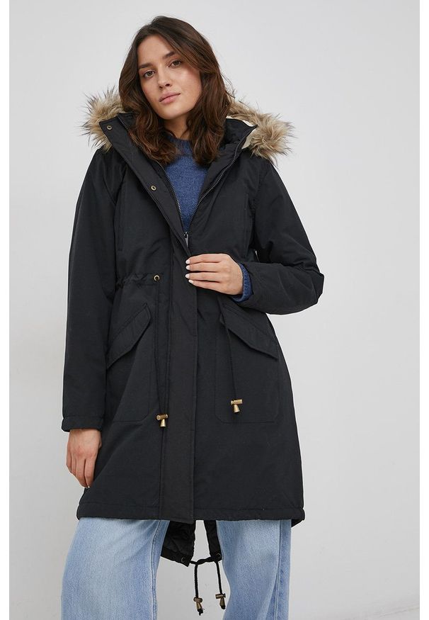 Brave Soul - Parka. Okazja: na co dzień. Kolor: czarny. Materiał: tkanina, futro. Wzór: gładki. Styl: casual