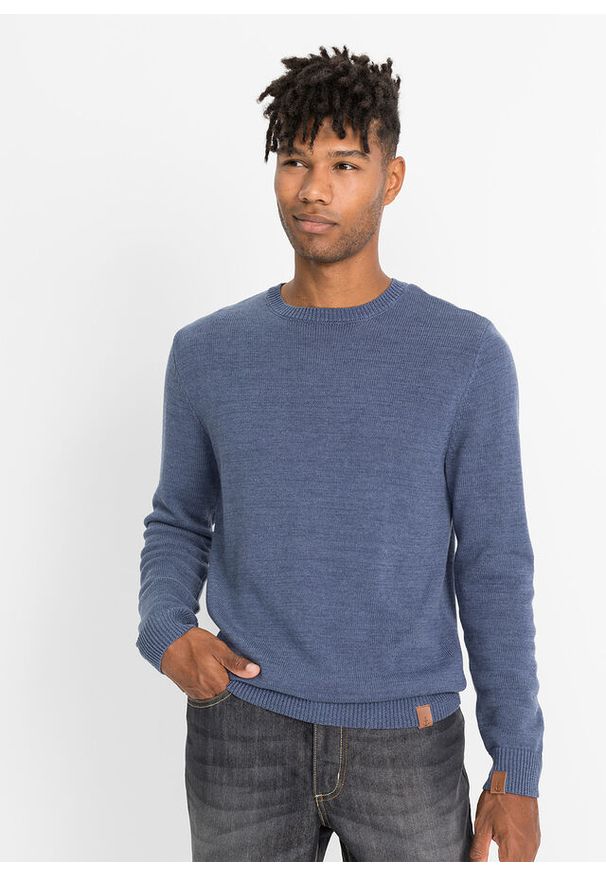 bonprix - Cienki sweter z bawełną. Kolor: niebieski. Materiał: bawełna, skóra