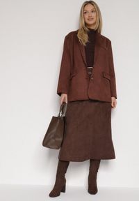 Born2be - Brązowa Rozkloszowana Wiskozowa Spódnica z Bawełną Ozdobiona Paskiem Nawedea. Okazja: na co dzień. Kolor: brązowy. Materiał: bawełna, wiskoza. Wzór: aplikacja. Styl: klasyczny, casual, elegancki #5