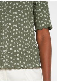 bonprix - Prążkowany T-shirt z kwiatowym nadrukiem, półdługie rękawy. Kolor: zielony. Materiał: prążkowany. Wzór: nadruk, prążki, kwiaty #2