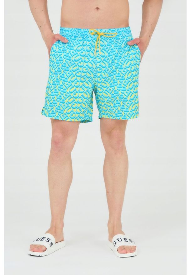Guess - GUESS Męskie szorty kąpielowe niebiesko-żółte, Rozmiar XXL. Kolor: wielokolorowy. Materiał: poliester